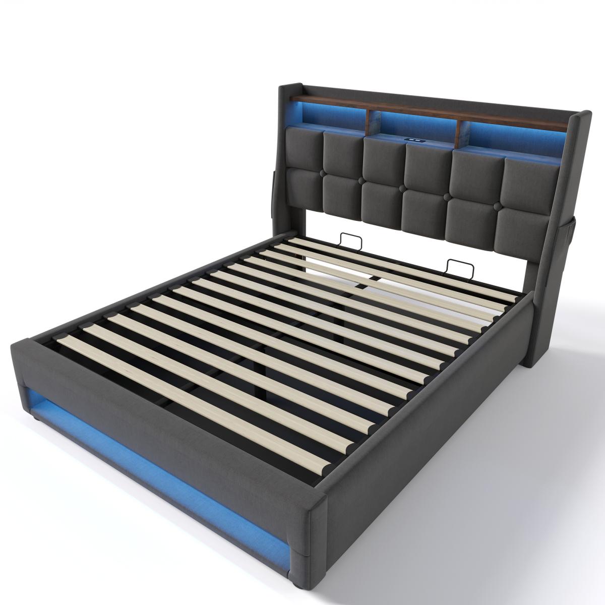 Soft padded platform bed with hydraulic storage system, LED and USB charging, natural (without mattress)