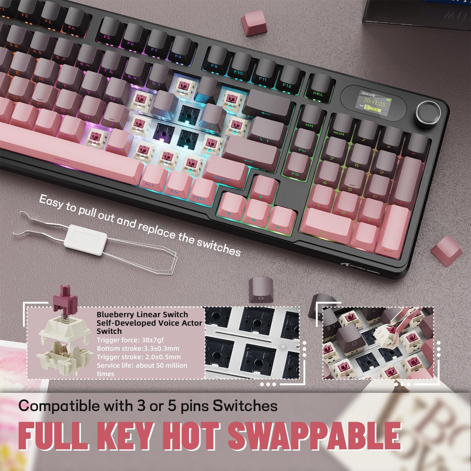 Wireless Mechanical X98PRO Gaming Keyboard, Rechargeable Keyboard with TFT Screen, Hot-swappable RGB Backlit Keyboard for Game & Office