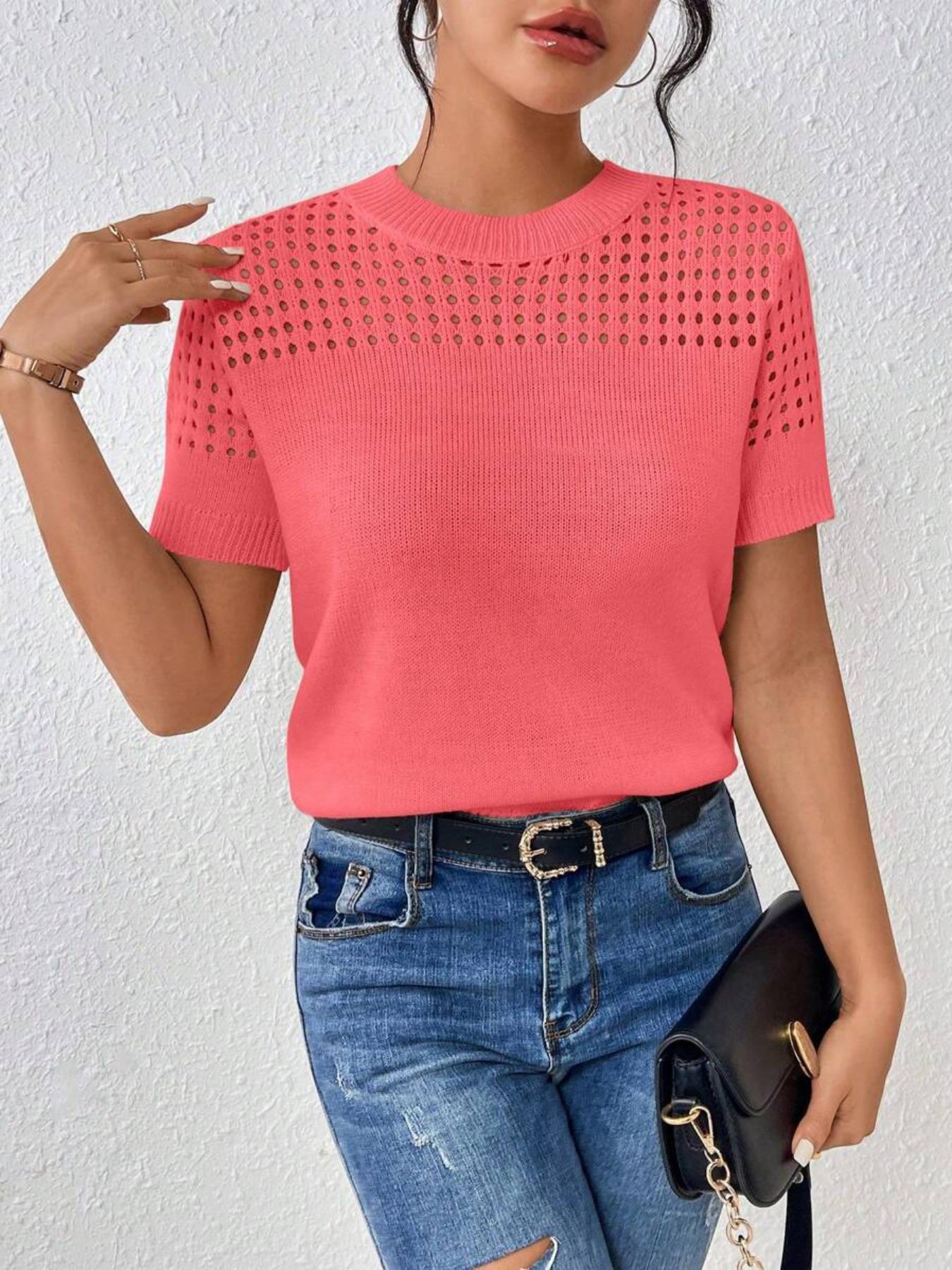 Women's Plain Hollow Out Crew Neck Fitted Sweater, Casual Short Sleeve Jumper for Summer, Fashion Women's Knitwear for Daily Wear Womenswear