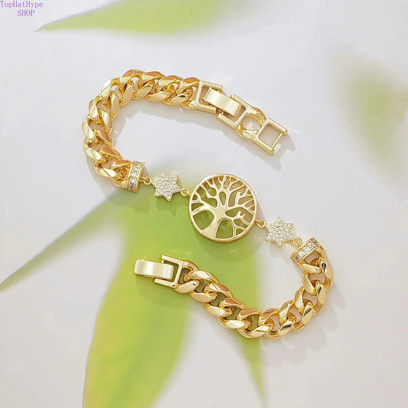 14K Gold Plated Cuban Link Bracelet for Women, Dainty Life of Tree Pendant Bracelet with Micro Pave CZ Star Charms, Adjustable Chunky Chain Stackable Jewelry Gift for Birthday Anniversary