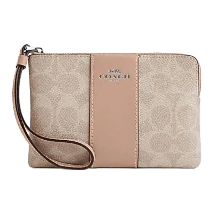 Coach Corner Zip 16 Wristlet Clutch Bag for Women, Faux Leather and Suede Blend, Gray-Brown