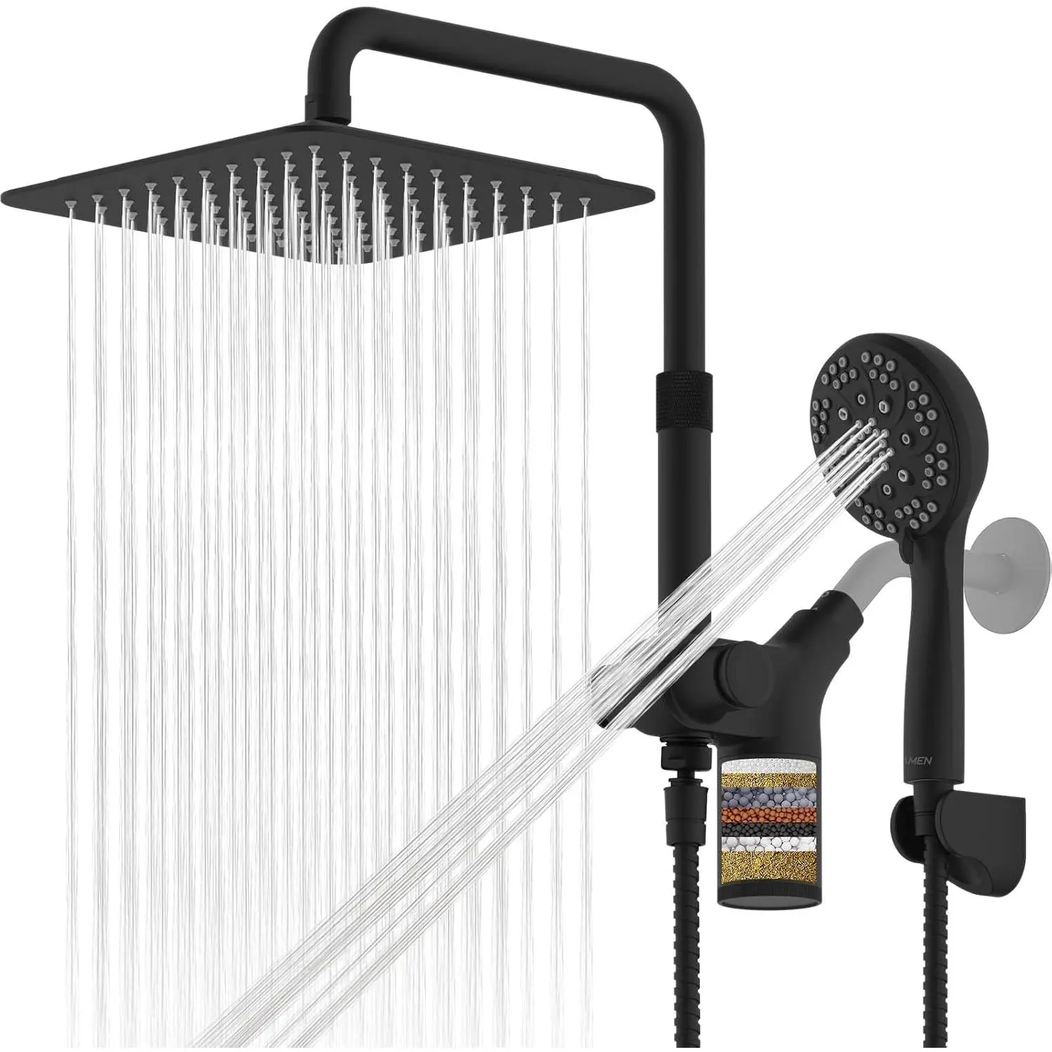 Upgraded Dual Shower Heads Combo, 10 inch Filtered Shower Head with Handheld, 3-Way Rain Shower Head with Filters, 7 Settings Handheld Spray, High Pressure, Height Adjustable (Black)