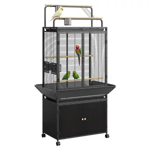 Large Rolling Bird Cage with Play Top – Heavy Duty Metal Aviary, Storage Cabinet & Removable Tray, Flight Cage for Parrots, Cockatiels & Budgies – Black