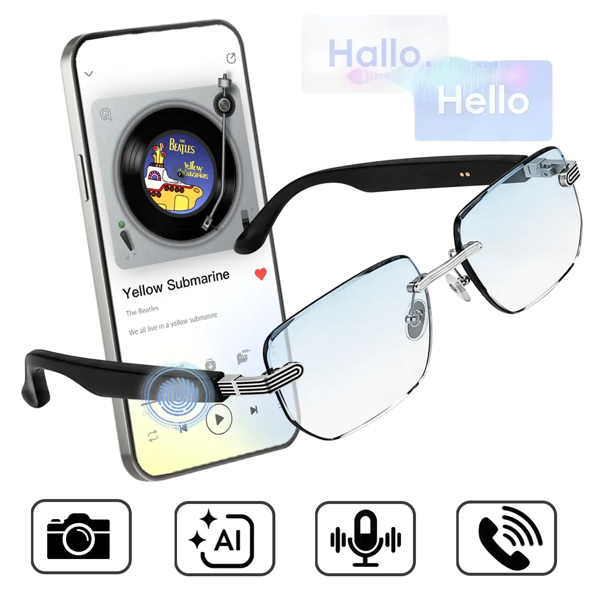 AI  Bluetooth Smart Glasses,Multifunctional Smart Glasses,AI Voice Assistant, 130+ Languages Instant Translation, Touch-to-Capture Camera, Bluetooth Music & Calls, Transparent Frame, Smart Travel & Business Communication
