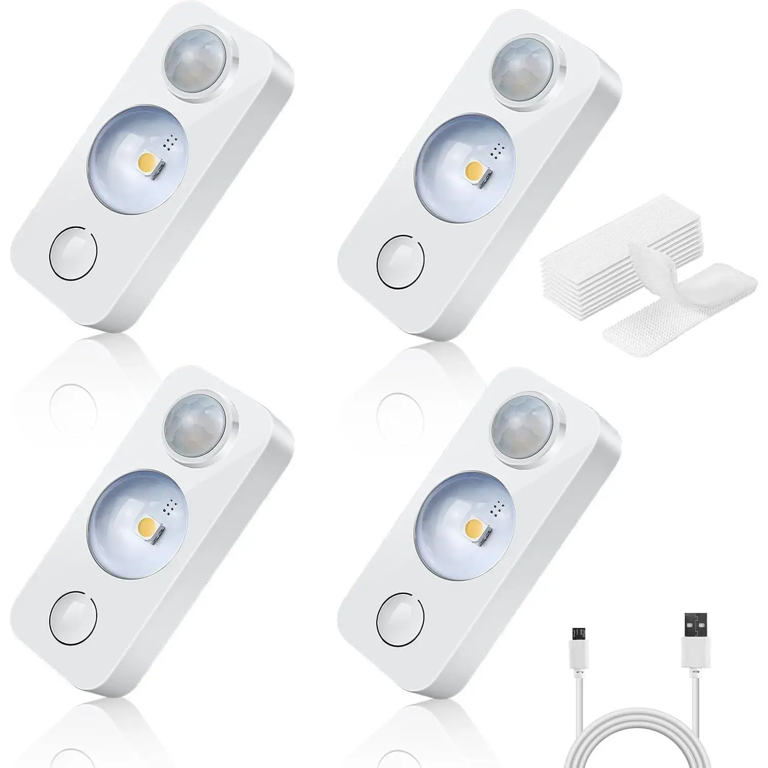 LED Motion Sensor Puck Lights, Rechargeable Cabinet Lights, Stick on Wireless LED Night Light for Closet, Drawer, Shelf, Under Cabinet, Warm White 4Pack, USB Charging Cord Included