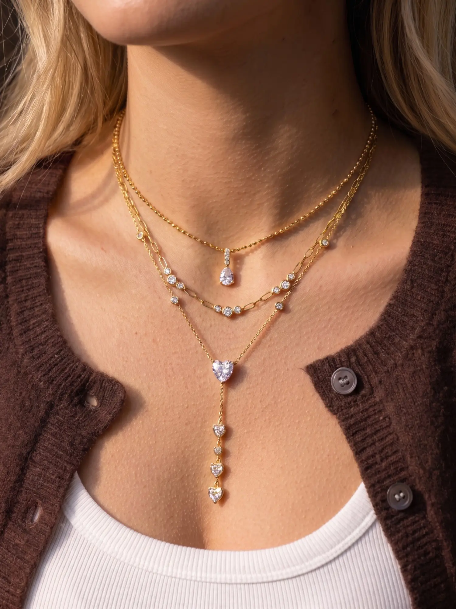 Three-Layer Heart Drop Zircon Necklace Retro French Vintage Style Adjustable Choker Chain Women's Daily Wear Jewelry