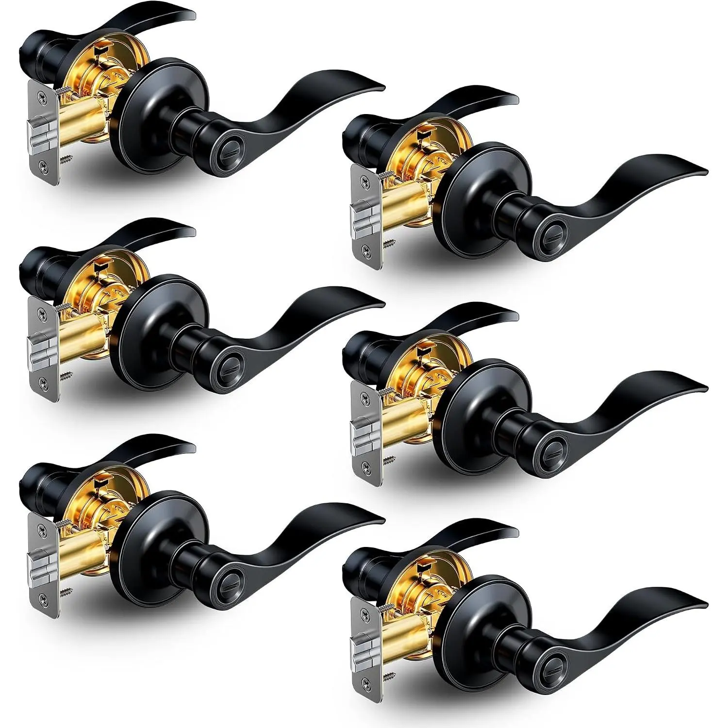 6 Pack Privacy Door Handles Interior, Door Levers Lock Keyless for Bedroom, Bathroom, Rust-Proof Door Knobs Interior, Waterproof Zinc Alloy Wave Lever Right Left Handed, Matte Black