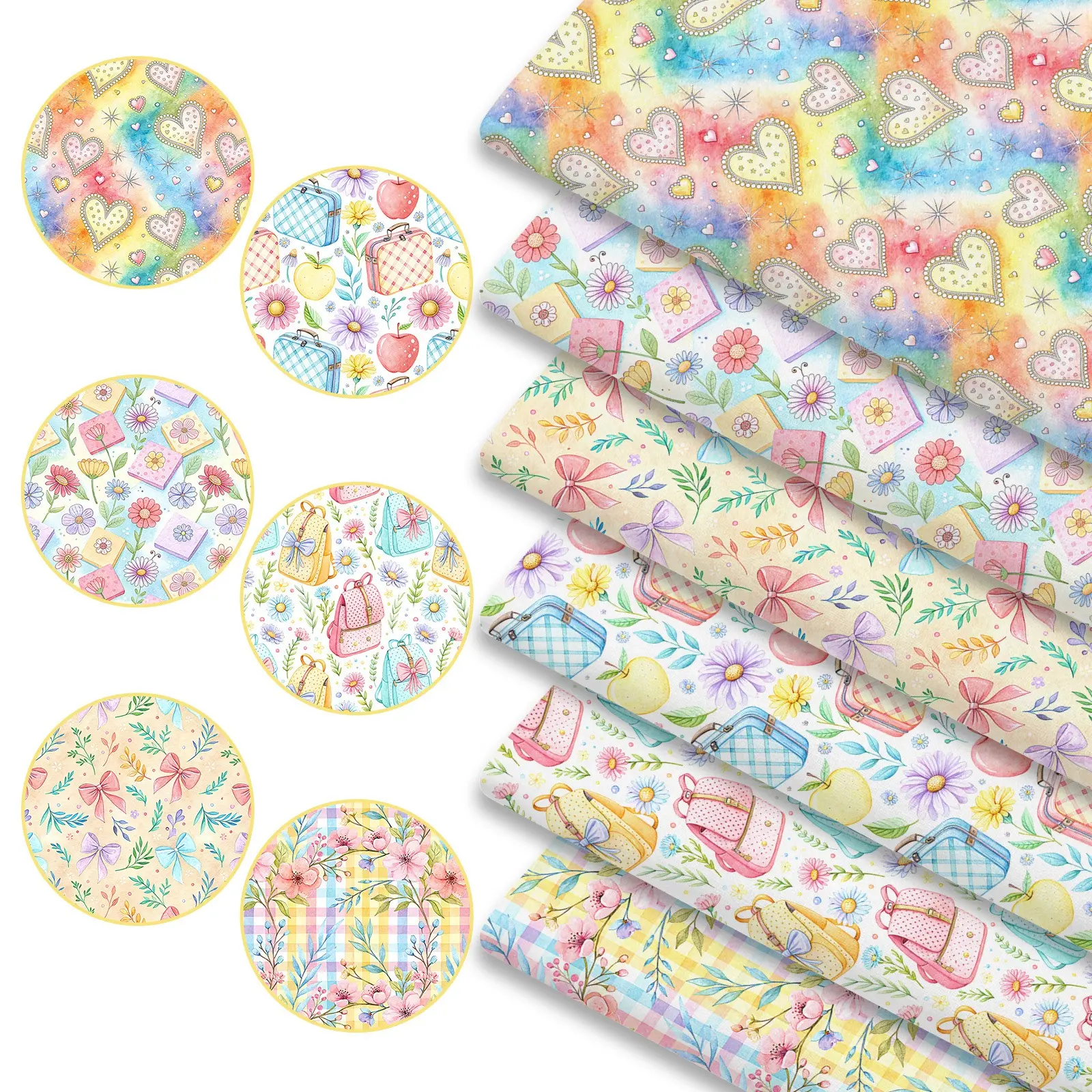 Sweet Charming Preppy Ivy Watercolor Patchwork Floral Fabric Set (6 Pieces) | 45x50cm Girly DIY Fabric Bundle | Craft Material for Handmade Bags, Bow Headbands & Pillow Covers