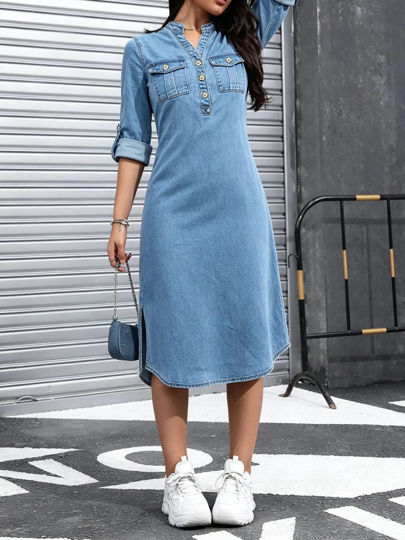 Women's Fashion Denim Dress, Half Sleeve Long Dress, Casual Dress for Date, Elastic Fabric, Loose Fit, All-Season Wear, Casual Fashion Clothing