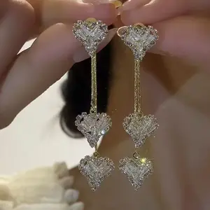 32#Women 2-Way Wear Interlocking Heart Tassel Drop Earrings Inlaid Cubic Zirconia Daily Ear Accessories