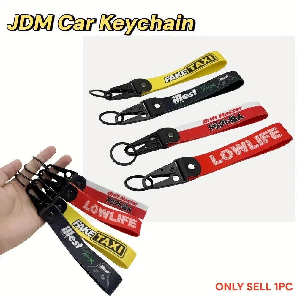 Fashion Jdm Style Dual-Sided Heat Transfer Car Keychain, Durable Zinc Alloy & Nylon, with Wrist Strap, Anti-Loss Design, Motorcycle & Car Accessory
