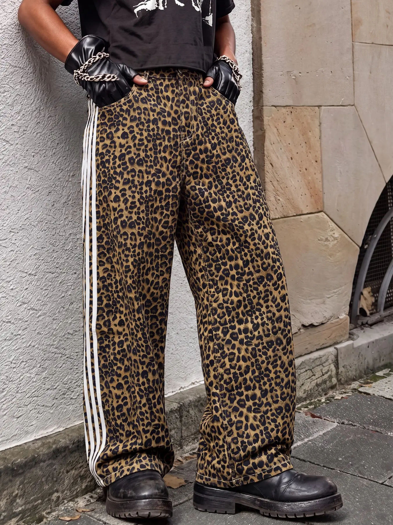 Men’s Vintage Leopard Wide-Leg Jeans, American Trendy Wide-Leg Denim Pants, Great Gift for Boyfriend or Husband