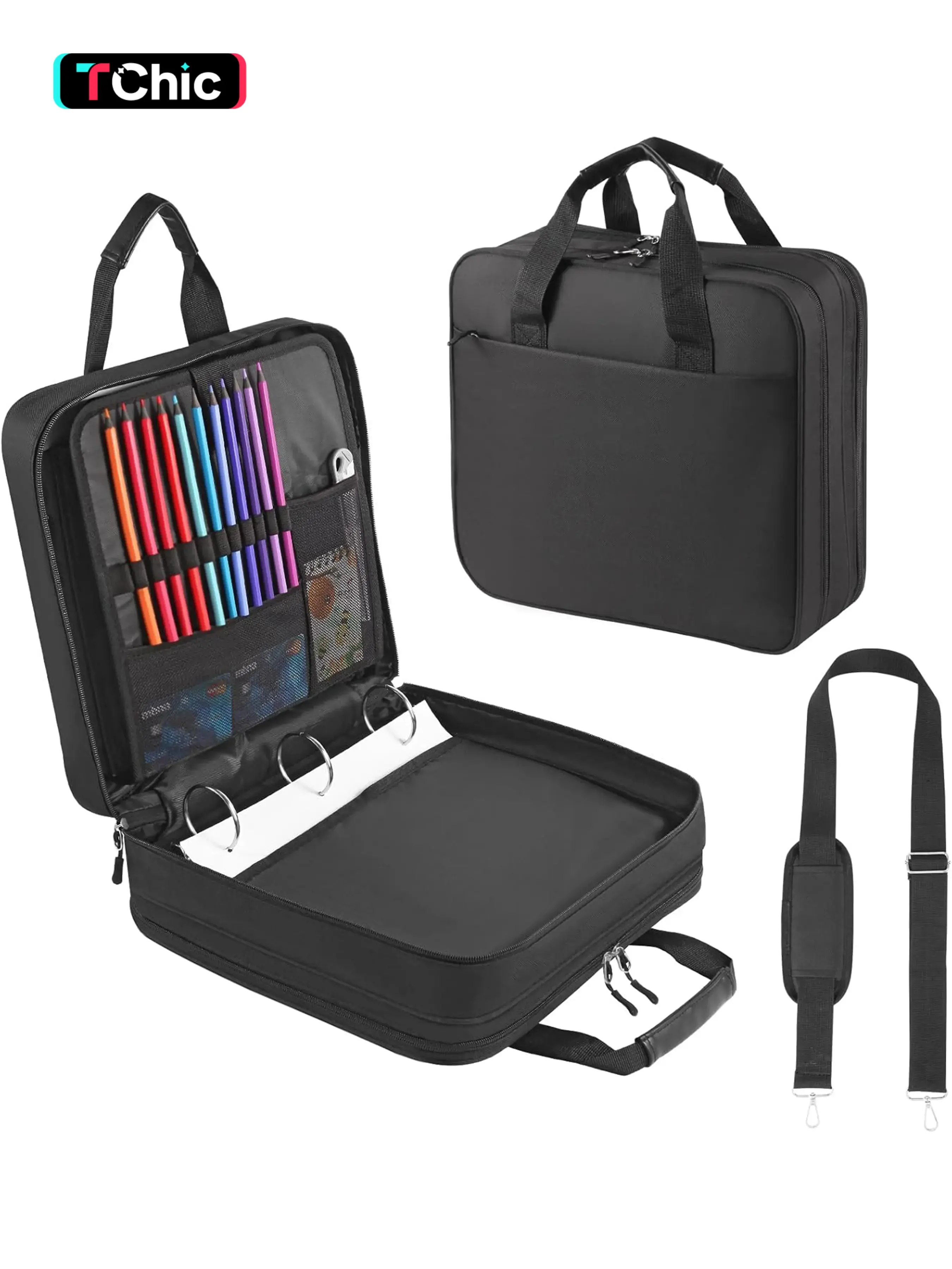 Zipper Binder 3 Ring with Shoulder Strap, 2 Inch O-rings, 500-sheet Capacity, Binder Bag with Expanding File Folder & Multi-pockets, Trapper Keeper Fits for 13 Inch Laptop, Office Accessories, Storage Binder