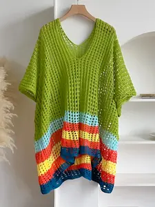 Women's Rainbow Stripe Print Crochet Open Front Cape Shawl, Casual Knitwear Top for Daily Wear, Fashion Accessories for Women & Girls, Knitting