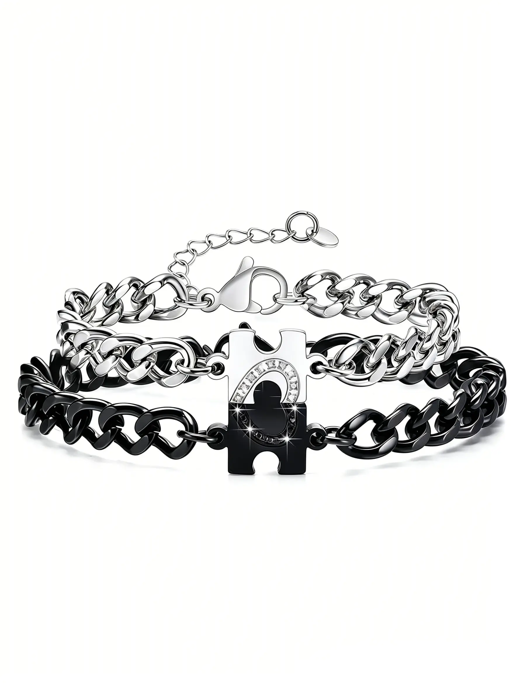Puzzle Matching Couple Bracelets, His & Hers Promise Bracelet Set, Interlock Puzzle Charm Chain, Thick Cuban Chain Couple Wristband, Street Trend Lovers Accessory, Romantic Love Matching Jewelry, Pinky Promise Gift for Lovers