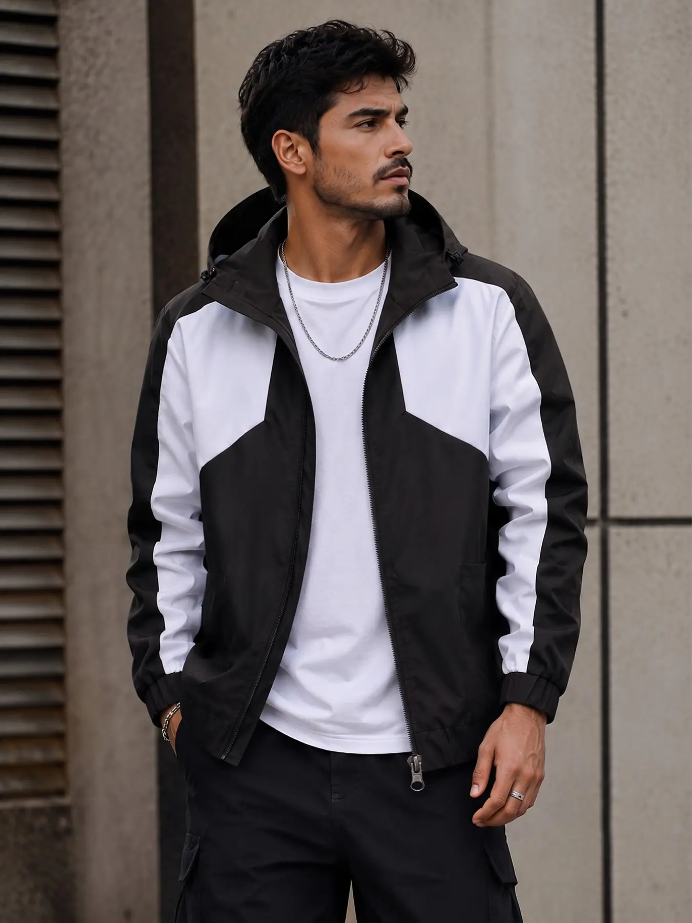 Men's Geometric Colorblock Hooded Windbreaker Jacket Coats, Adjustable Drawstring, Metal Zipper, Elastic Hem, Pocket Design, Casual All-Season Outerwear