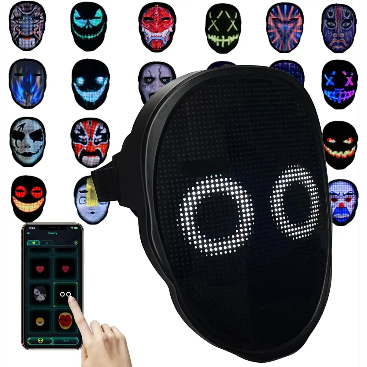 Face Transforming LED Mask App-Controlled Light Up Cosplay Mask with 50+ Animated Faces, Customizable LED Patterns, Rechargeable Battery Rave, Festival, Halloween, DJ Accessory