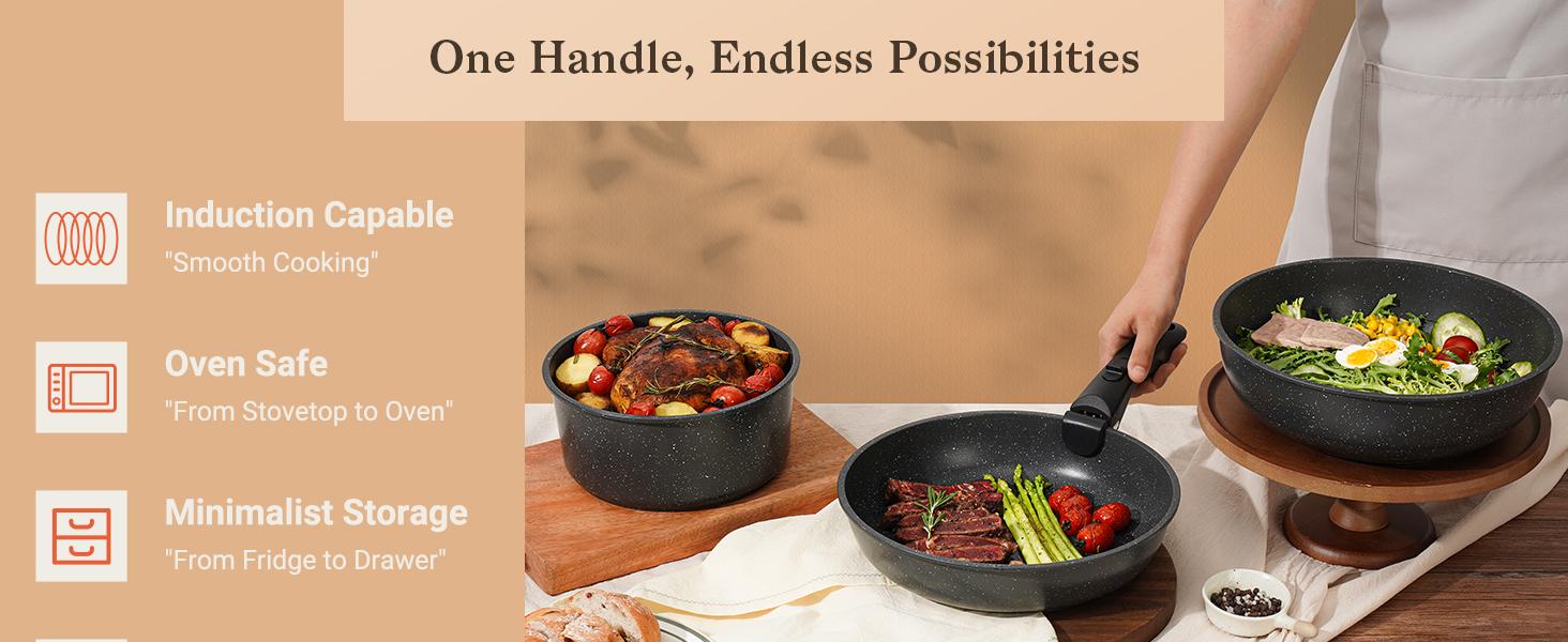 15Pcs Pots and Pans Set Non Stick, Cookware Sets with Detachable Handle, Nonstick RV Kitchen Cooking Tools Removable Handles, Oven Safe, Induction Fast, Stackable Induction Cookware,Black