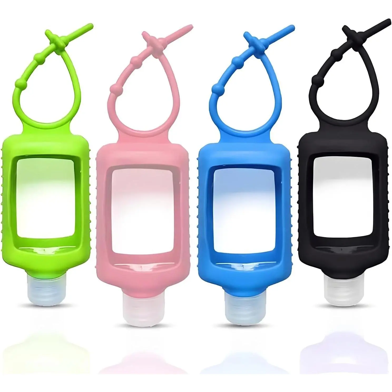 4 Pack 60ml/2oz Travel Size Clear Plastic Squeeze Bottles with Silicone Sleeve, Leakproof Flip Cap Keychain Refillable Containers for Hand Sanitizer, Backpack, Travel & OutdoorGift