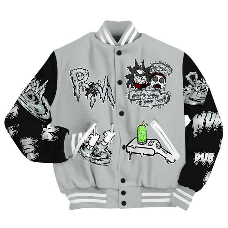 Varsity Jacket to Match Black Wolf Grey 12s – Wubba Rick Drip All-Over Print Streetwear Varsity Jacket, Unisex Sneaker Match Outfit