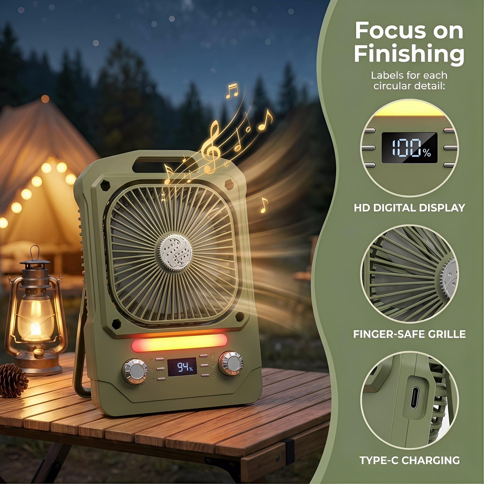 Fan + Speaker + Light in One Portable Camping Fan with 100 Speeds, Bluetooth Audio, SOS Light, Timer & Hanging Design Fan + Speaker + Light in One Portable Camping Fan with 100 Speeds, Bluetooth Audio, SOS Light, Timer & Hanging Design