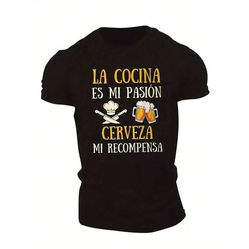 Men'S Spanish Chef & Beer Lover Graphic T-Shirt - "La Cocina Es Mi Pasión" Spanish Cooking Design With Chef Hat & Utensils, Machine Washable Regular Fit Casual Short Sleeve Round Neck Top For Culinary Enthusiasts, Spanish Foodie Apparel,