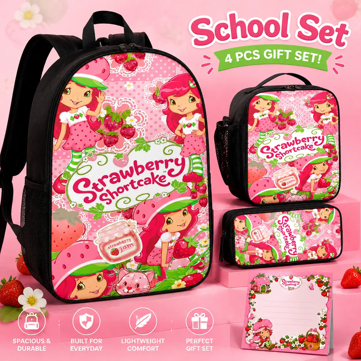 Kids Strawberry Shortcake Backpack Set with 1 Pencil Case 1 Lunch Bag, 1 Note Pads, Back To School Supplies Kit  for Girls Teens, Kawaii School BoobBag, Cute Book Bag for Elementary Middle School  2026