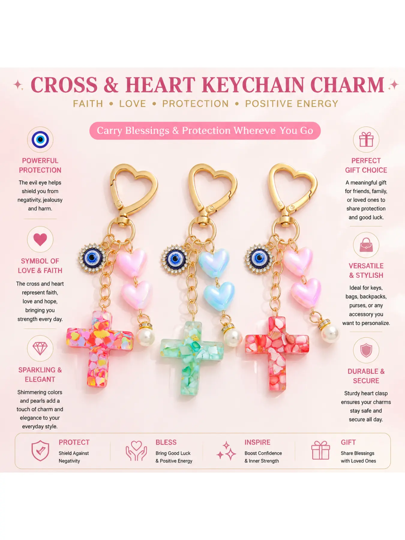 2pcs Confetti Filled Resin Cross Charm, Single Pearl Evil Eye Clasp, Viral Backpack Ornament