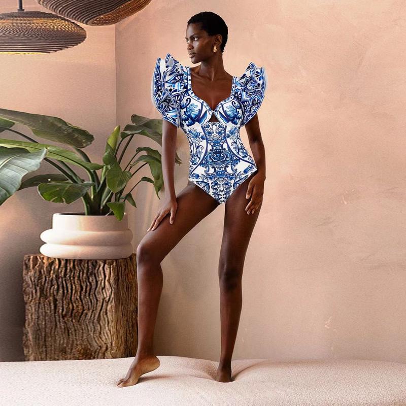 Women's Ruffle Blue Porcelain Print Swimsuit Set - THREE Piece/Bikini with Cover Up Skirt Sarong for Beach & Vacation