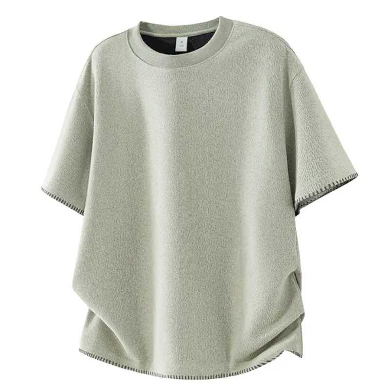 Summer New Arrival Double Layer Texture Crew Neck Short Sleeve Top Exquisite Contrast Stitched Trim Curved Hem Daily Outing Party Versatile Trend Five Quarter Half Sleeve Top