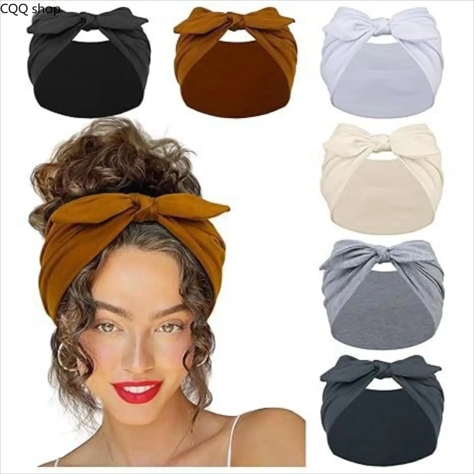Women's 6-Pack Solid Color Knotted Bunny Ear Bowknot Headbands, Elastic Anti-Sweat Non-Slip Breathable Sports Head Wraps, Assorted Set Hair Accessories for Yoga, Daily Wear, Elastic Headbands