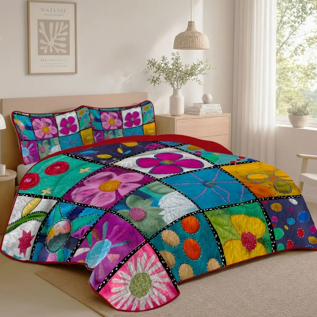 2/3pcs (1 Quilt And 1/2 Pillowcases), Vintage Floral Patchwork Quilted Summer bedding, 100% Premium Microfiber, Soft Breathable Microfiber Reversible Comforter Patchwork bedding, Durable Machine Washable, Perfect Family Gift