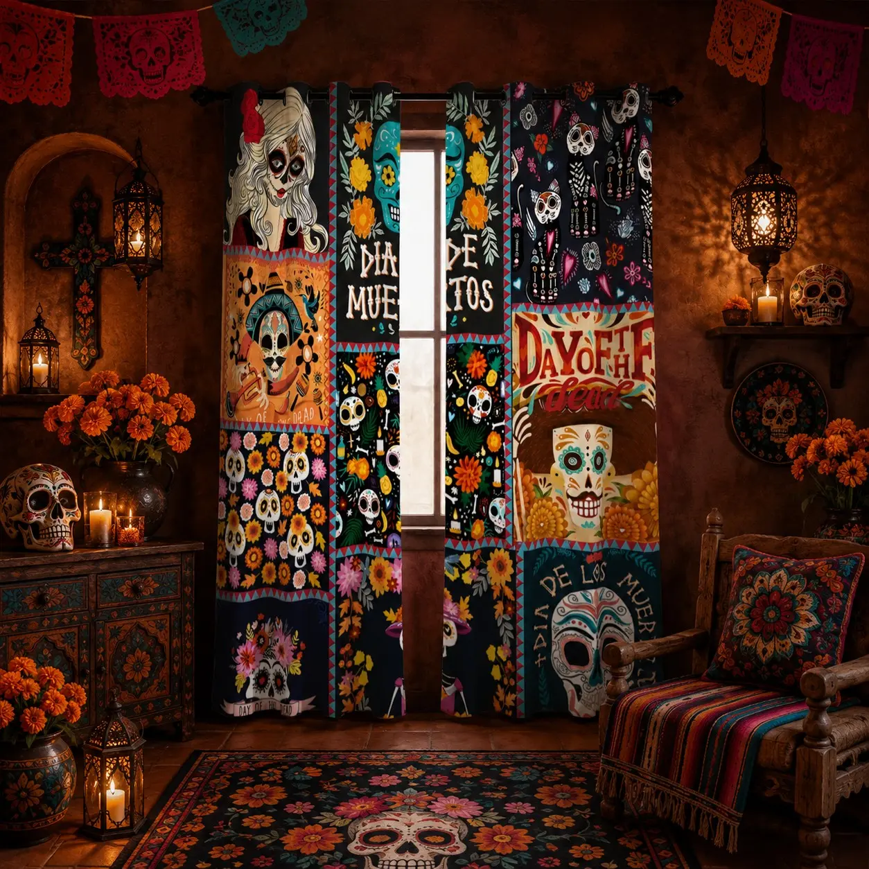 2 Panels Vintage Mexican Folk Sugar Skull Patchwork Curtains for Dia De Los Muertos, 80% Light Blocking Privacy Drapes, Ideal Halloween Day of Dead Home Decor for Latin Fans’ Bedroom & Living Room