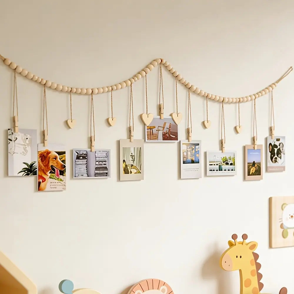 Boho Hanging Photo Display Wall Decor, Wooden Bead Heart Label, 9 Clamps, Ideal for Home Bedroom Living Room Office, Perfect Gift