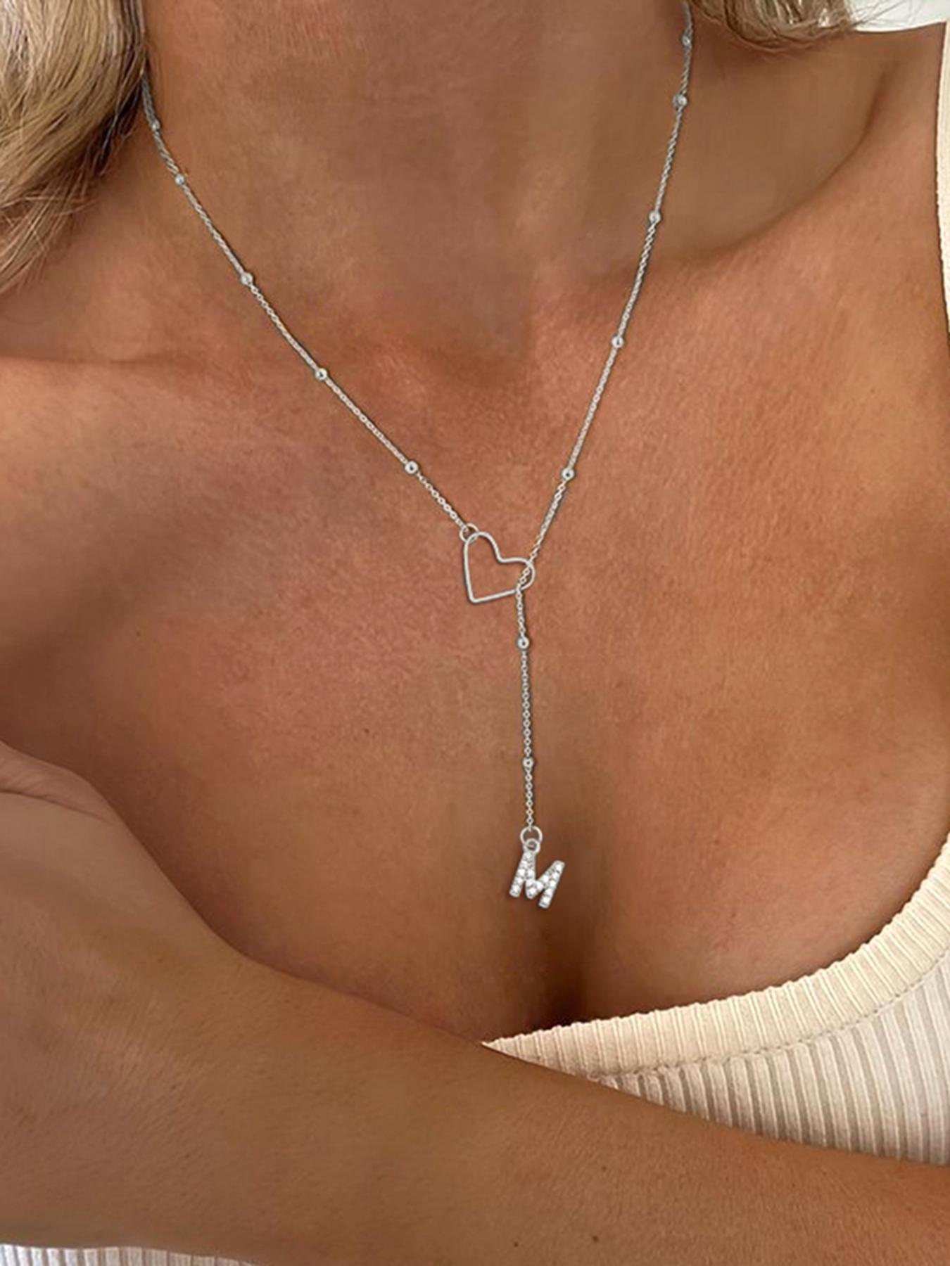 Letter Heart Design Pendant Necklace for Women, Rhinestone Decor Stainless Steel Jewelry for Gift, Elegant All-match Fashion Accessories for Daily Wear, Initial Letter Necklace
