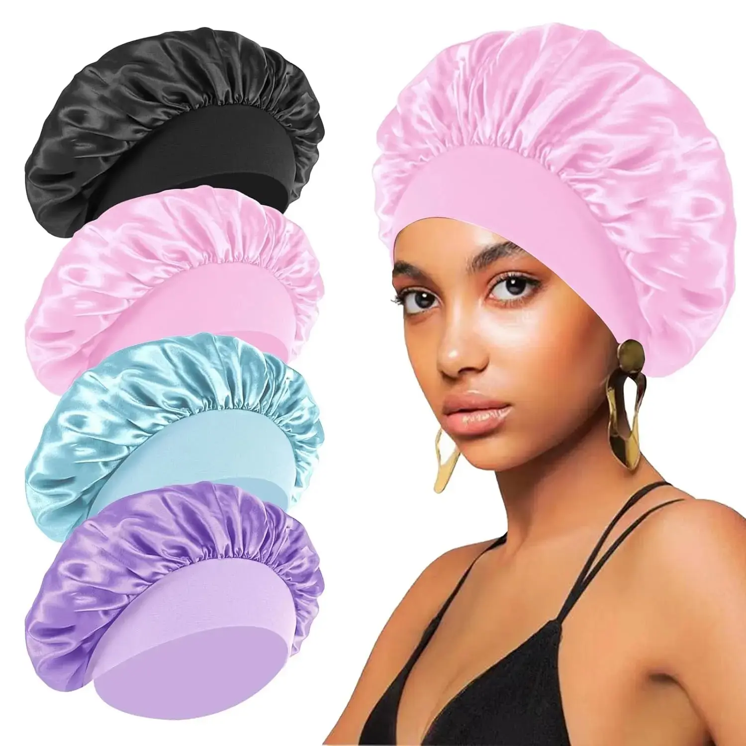 4 count Satin Hair Bonnet for Sleeping,Bonnets for Black Women Men,Silk Bonnet for Sleeping,Hair Wrap Cap for Curly Hair,Elastic Wide Band Hair Bonnet Shower Cap (Black & Blue & Pink & Purple)