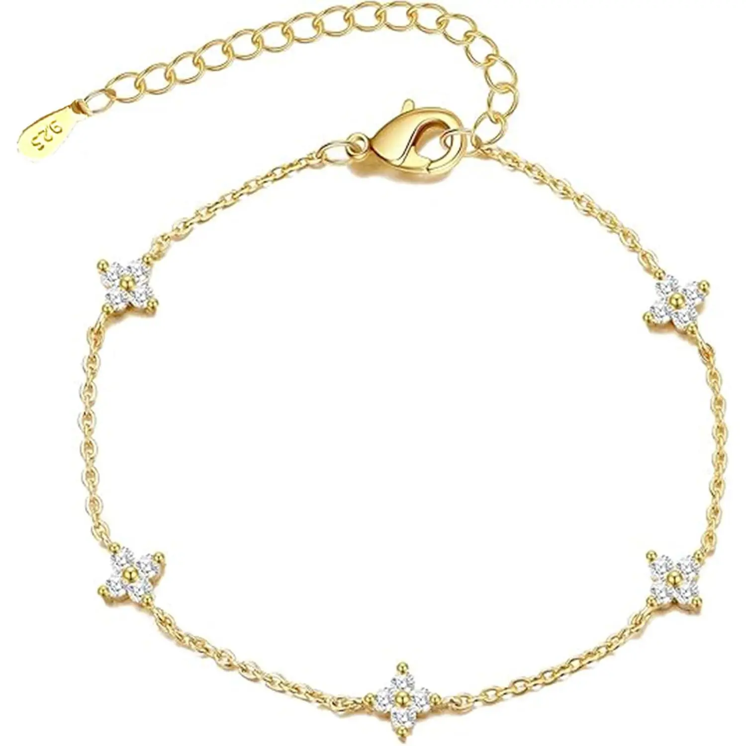 Clover  Chain Bracelet for Women with CZ Accents | Adjustable Length, Lobster Clasp, Dainty Chain, Four-Leaf Clover Charms, 925  Base