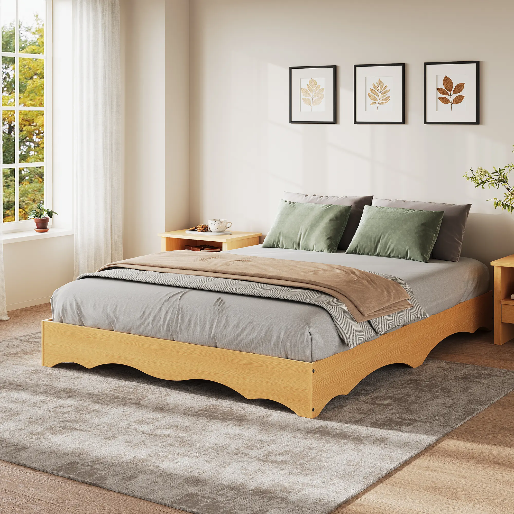 Minimalist Wooden Platform Bed Frame without Headboard, Wave Edge & Low Profile  Design, Pine, Queen