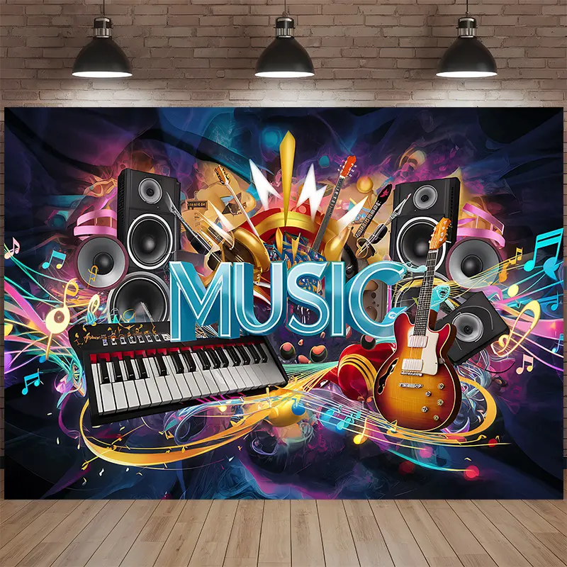Vibrant Music Backdrop, Colorful Banner Featuring Guitar, Keyboard, Speakers And Musical Notes Design, Perfect For Birthday Parties, Home Decor, Room Decoration, Photography Backgrounds, Photo Booths And Music-Themed Events