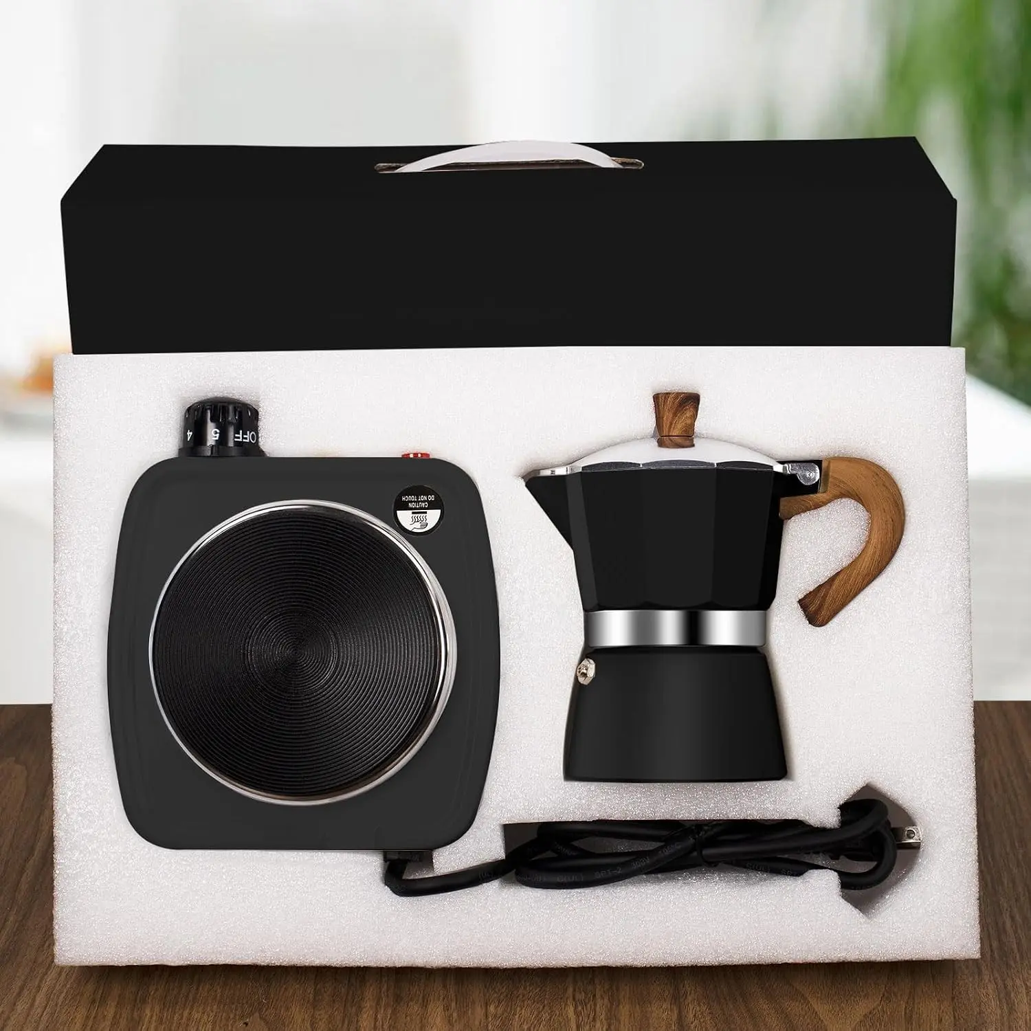 2-in-1 Moka Pot Espresso Set with Electric Stove - 3 Cup Aluminum Stovetop Coffee Maker Percolator, Classic Italian Mocha Coffee Machine for Italian Cuban Cafe Brewing, Portable for Camping Black