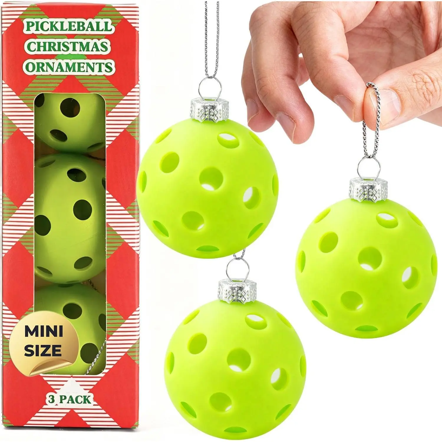 Mini Pickleball Ornaments Set of 3, Green  Christmas Tree Decorations, Cute Small Gifts for Players, Holiday Décor for Pickleball Lovers,  Ornament Set