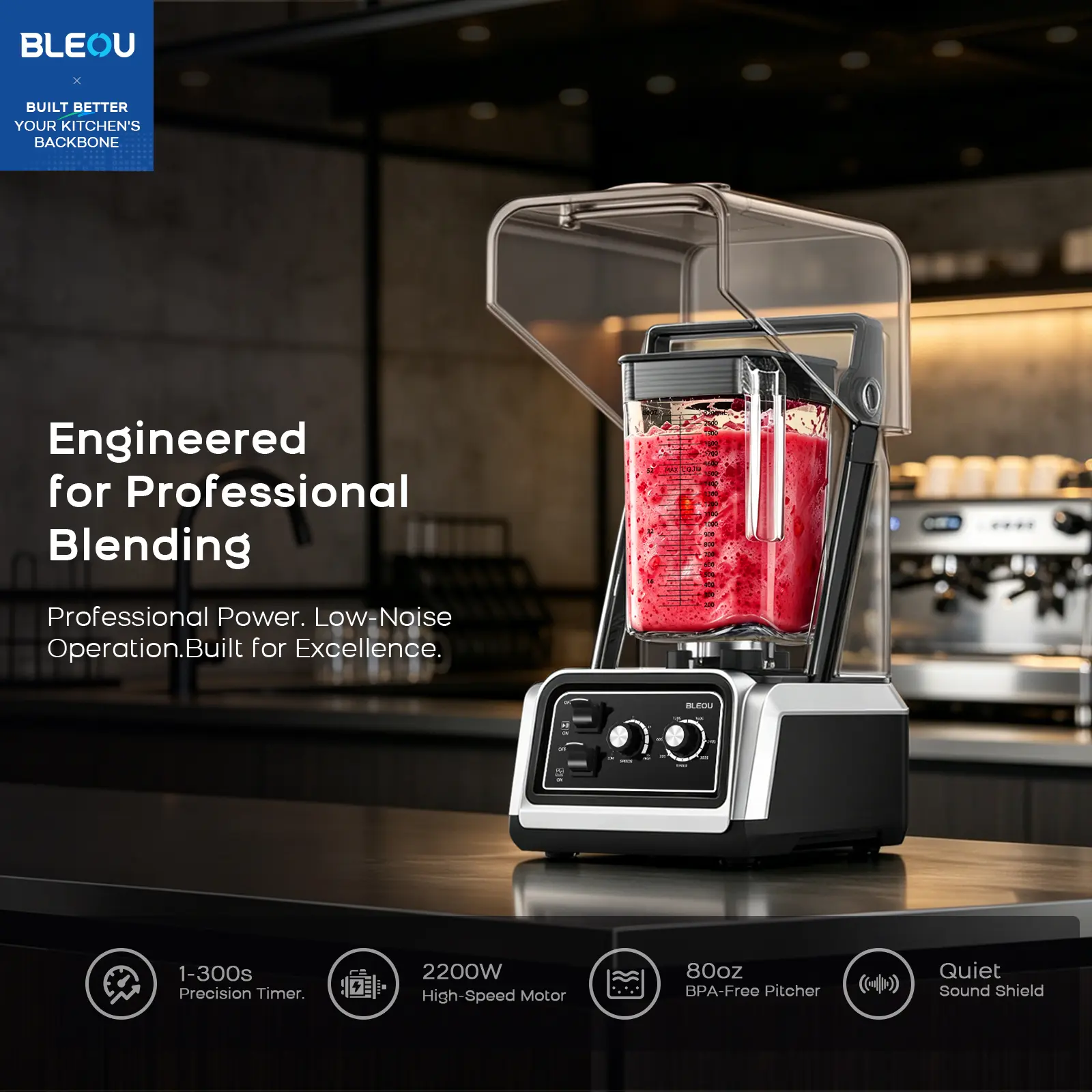 Bleou Commercial Quiet Shield Blender, 2200W Professional Smoothie Blender with Timer & 15-Speed Control, 80oz/2.2L BPA-Free Pitcher for Cafes, Bars and Home Use
