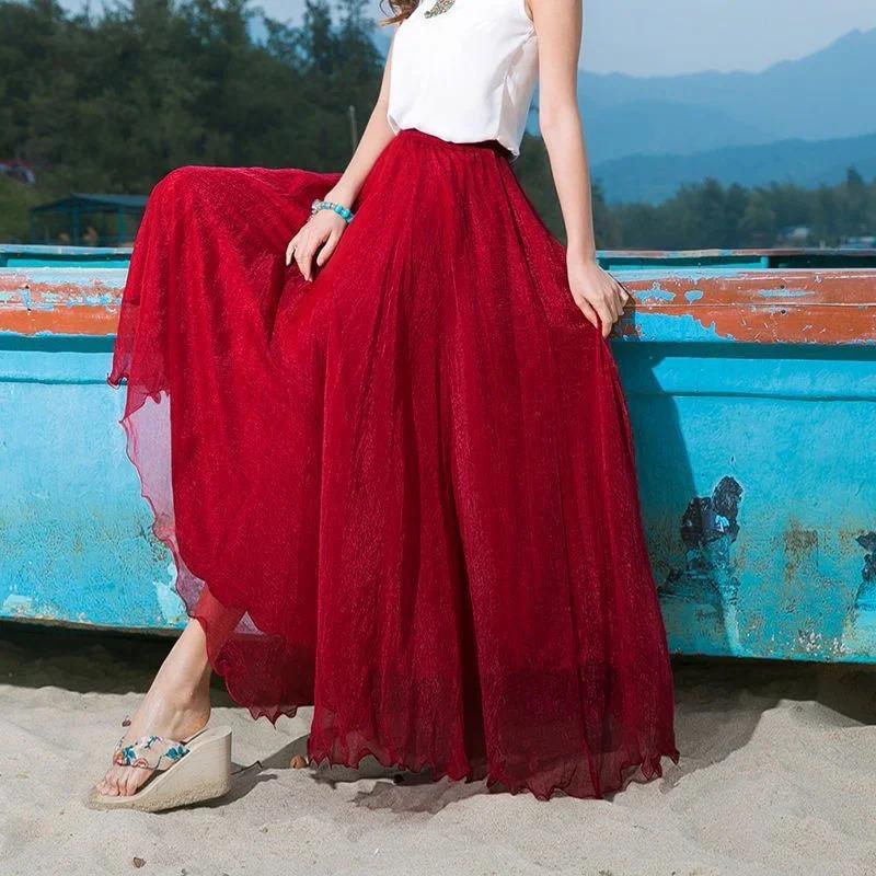 2025 New Fashion Women Chiffon Long Skirts High Waist Floor Length Ruffles White Summer Boho Maxi Skirt Saia Longa Faldas