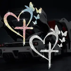 Bling Rhinestone Cross Heart Car Sticker 1-Piece Glitter Christian Faith Butterfly Decal Waterproof Religious Crucifix Auto Exterior Window Bumper Decor Gift
