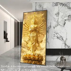 2D flat Golden Buddha statue, thousand-handed Guanyin unframed canvas art - Wall decoration, suitable for living room and bedroom, aesthetic room decoration, large canvas mural