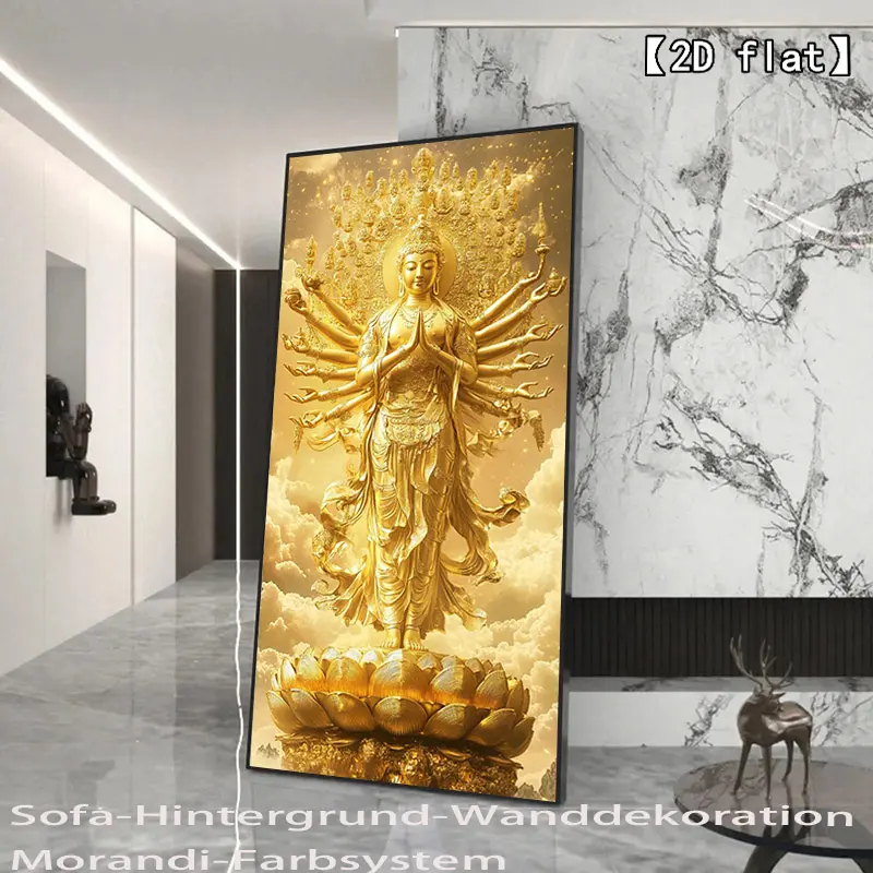 2D flat Golden Buddha statue, thousand-handed Guanyin unframed canvas art - Wall decoration, suitable for living room and bedroom, aesthetic room decoration, large canvas mural