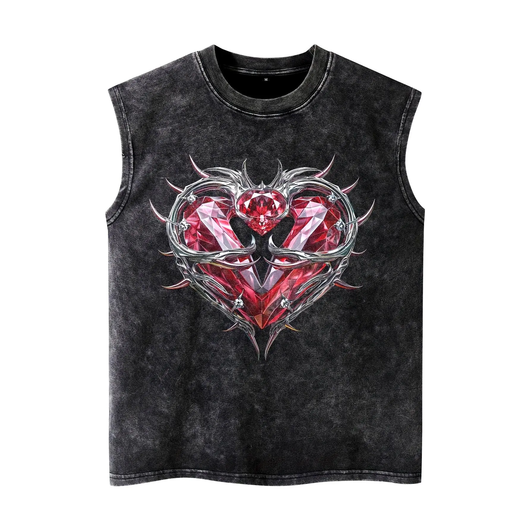 Men'S Sleeveless Vest with Metal Punk Heart Pattern in Black, with a Distressed Look. Suitable for Spring And Summer. Trendy for The Street