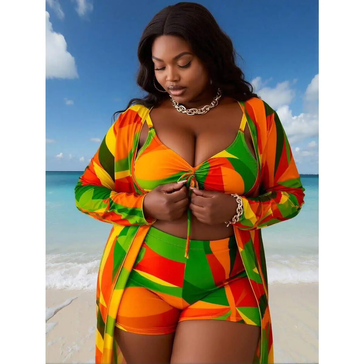 Plus Size 3-Piece Swimwear Set, Boho Colorful Print Beach Wear with High Waist Shorts and Sheer Mesh Cardigan, Swimming, Large Sizes, Long Cut, Stretch Fabric, Three Pieces