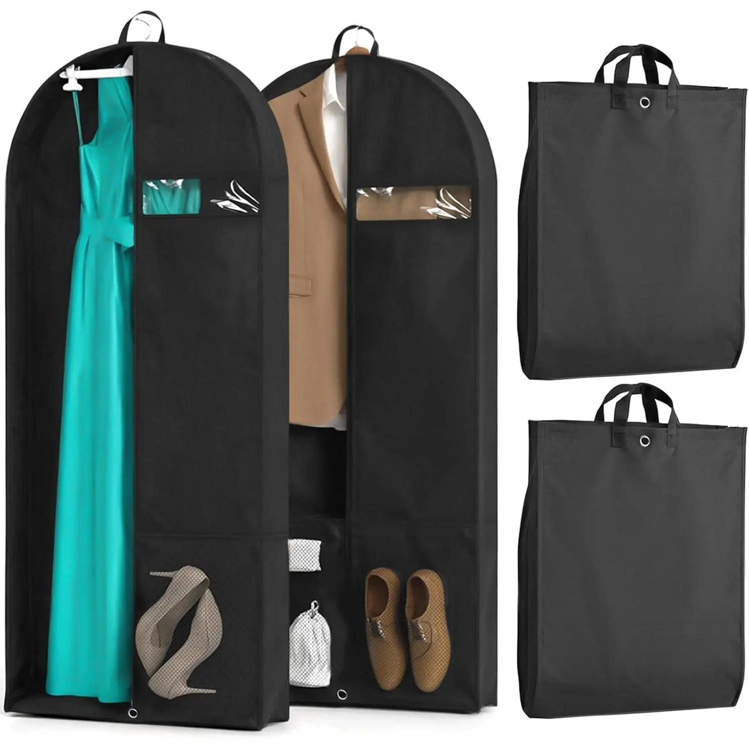 2 Pack Heavy Duty Garment Bags for Travel Suit Bags, Dress Bags, Garment Bags for Hanging Clothes with Pockets Men's Suit Holder for Cospaly, Shirts, Coats, Dresses (Black, 2Pack 43")