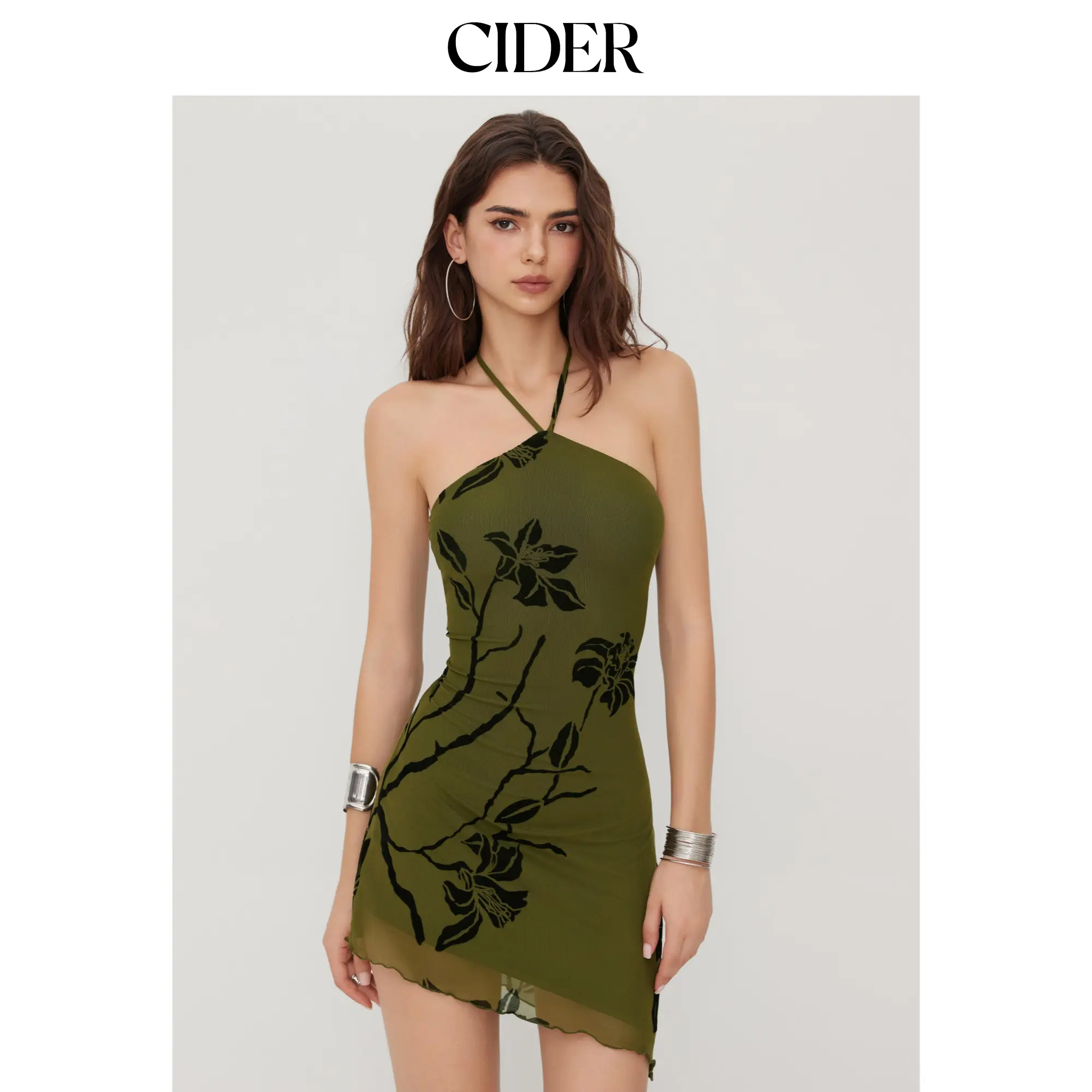 Cider Mesh Halter Neckline Floral Graphic Knotted Asymmetrical Hem Mini Dress SummerFinds SohoChic